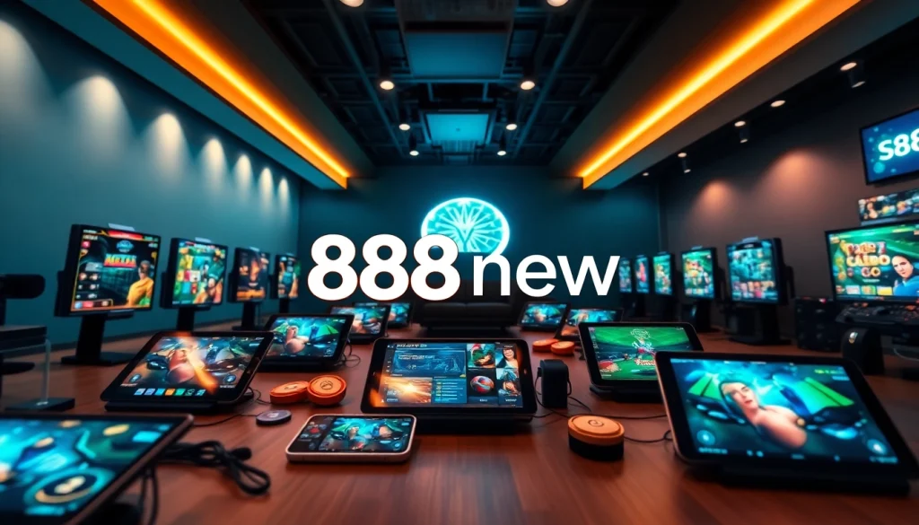 Exciting digital gaming scene featuring 888new logo with diverse games and devices.