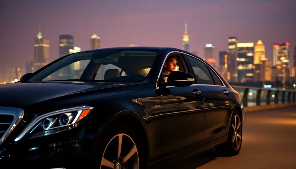 Chauffeur Hire showcasing a professional chauffeur in a luxury car against a city skyline.