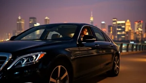 Chauffeur Hire showcasing a professional chauffeur in a luxury car against a city skyline.