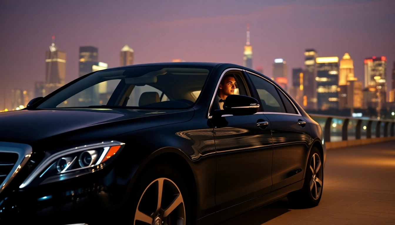 Chauffeur Hire showcasing a professional chauffeur in a luxury car against a city skyline.