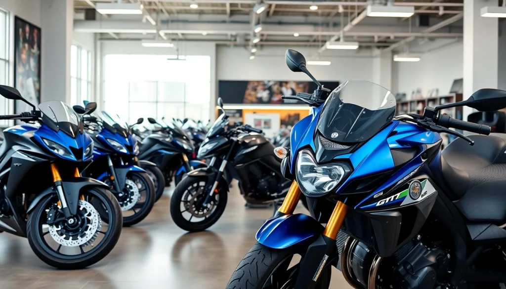 Motorradhändler präsentiert stilvolle Motorräder in einem modernen Showroom.