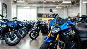 Motorradhändler präsentiert stilvolle Motorräder in einem modernen Showroom.