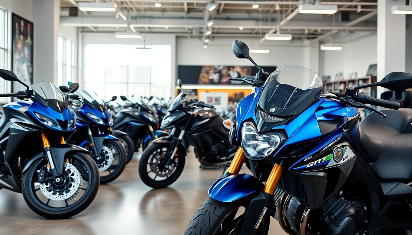 Motorradhändler präsentiert stilvolle Motorräder in einem modernen Showroom.