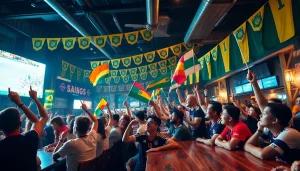 해외축구중계를 즐기는 열정적인 팬들이 가득한 스포츠 바의 생생한 모습