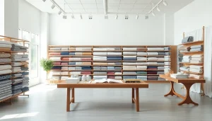 Katoen stoffen tentoongesteld in een stijlvolle showroom met diverse kleuren en texturen.