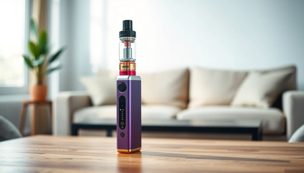 Elf Bar Elfa auf einem Holztisch in einem einladenden Raum zeigen und entspannende Atmosphäre schaffen.