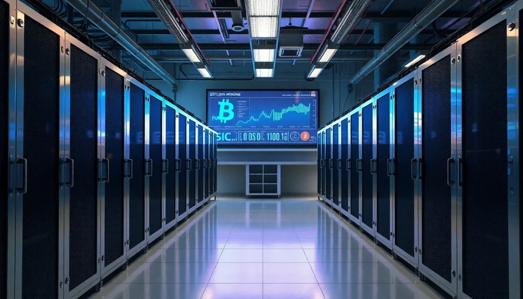 Bitcoin mining facility showcasing advanced ASIC mining machines in a high-tech environment.