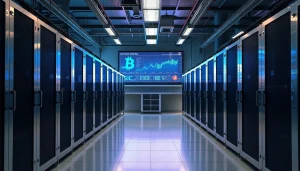 Bitcoin mining facility showcasing advanced ASIC mining machines in a high-tech environment.