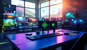 Designing game concepts with Freedom X in a modern digital studio setting.