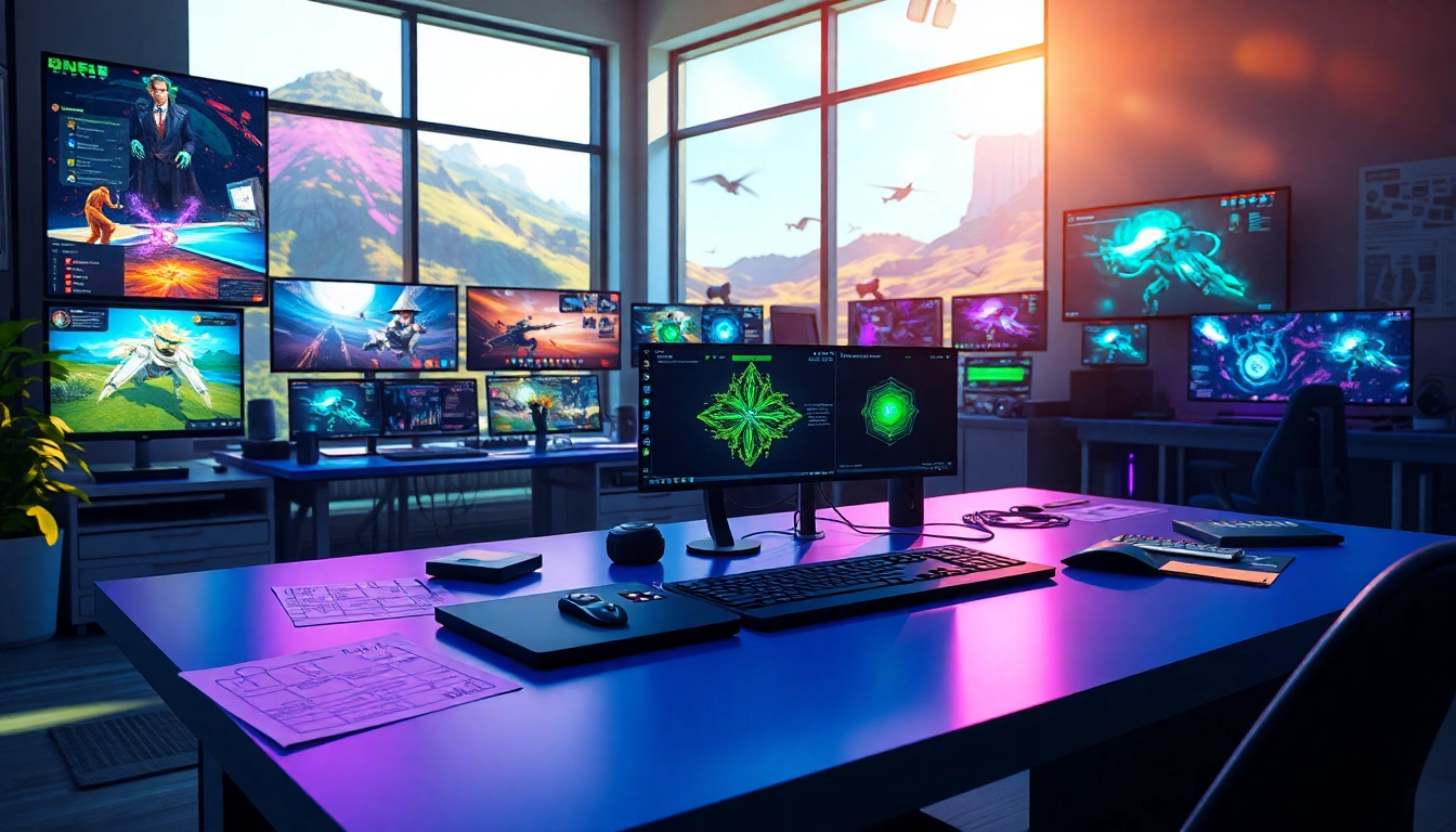 Designing game concepts with Freedom X in a modern digital studio setting.