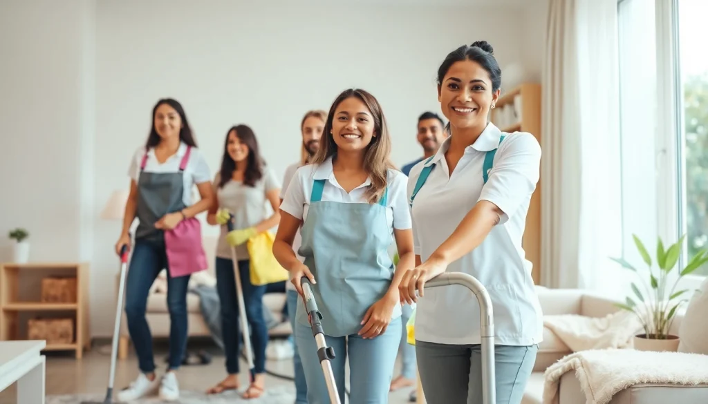 Cleaning service professionals actively demonstrating their skills in a bright, modern home environment.