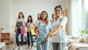 Cleaning service professionals actively demonstrating their skills in a bright, modern home environment.