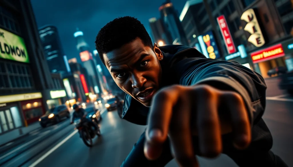 Bayside Boom features Orlando Black in a dynamic urban action scene filled with suspense.