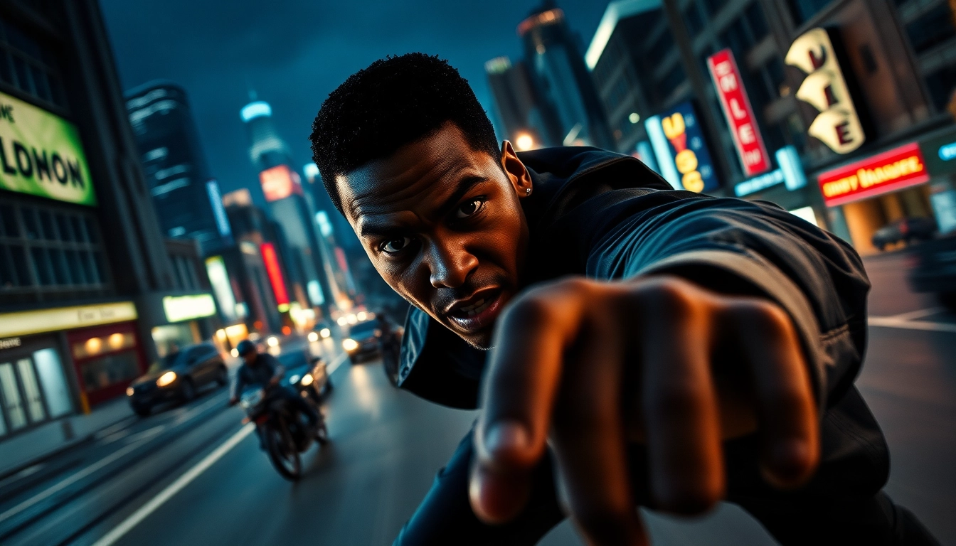 Bayside Boom features Orlando Black in a dynamic urban action scene filled with suspense.