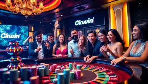 Experience the excitement of Okwin with players at a luxurious casino table.