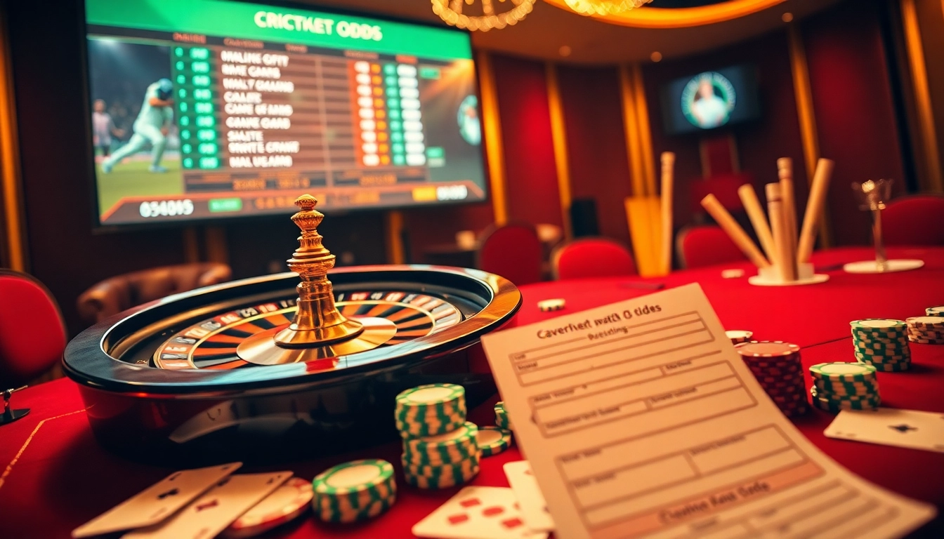 Experience crickex excitement with thrilling casino vibes, showcasing roulette, poker chips, and cricket betting.