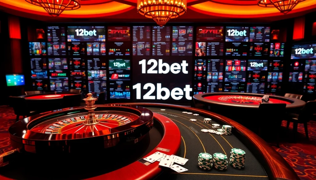 Experience the thrill of 12bet with a vibrant casino scene featuring poker tables and roulette wheels.