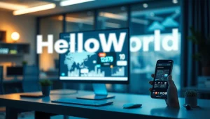 HelloWorld software connecting devices with seamless interface and multilingual support in a modern workspace.