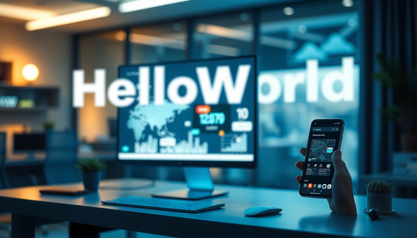 HelloWorld software connecting devices with seamless interface and multilingual support in a modern workspace.