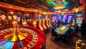 Exciting casino scene illustrating u8888 with roulette, poker, and slot machines.