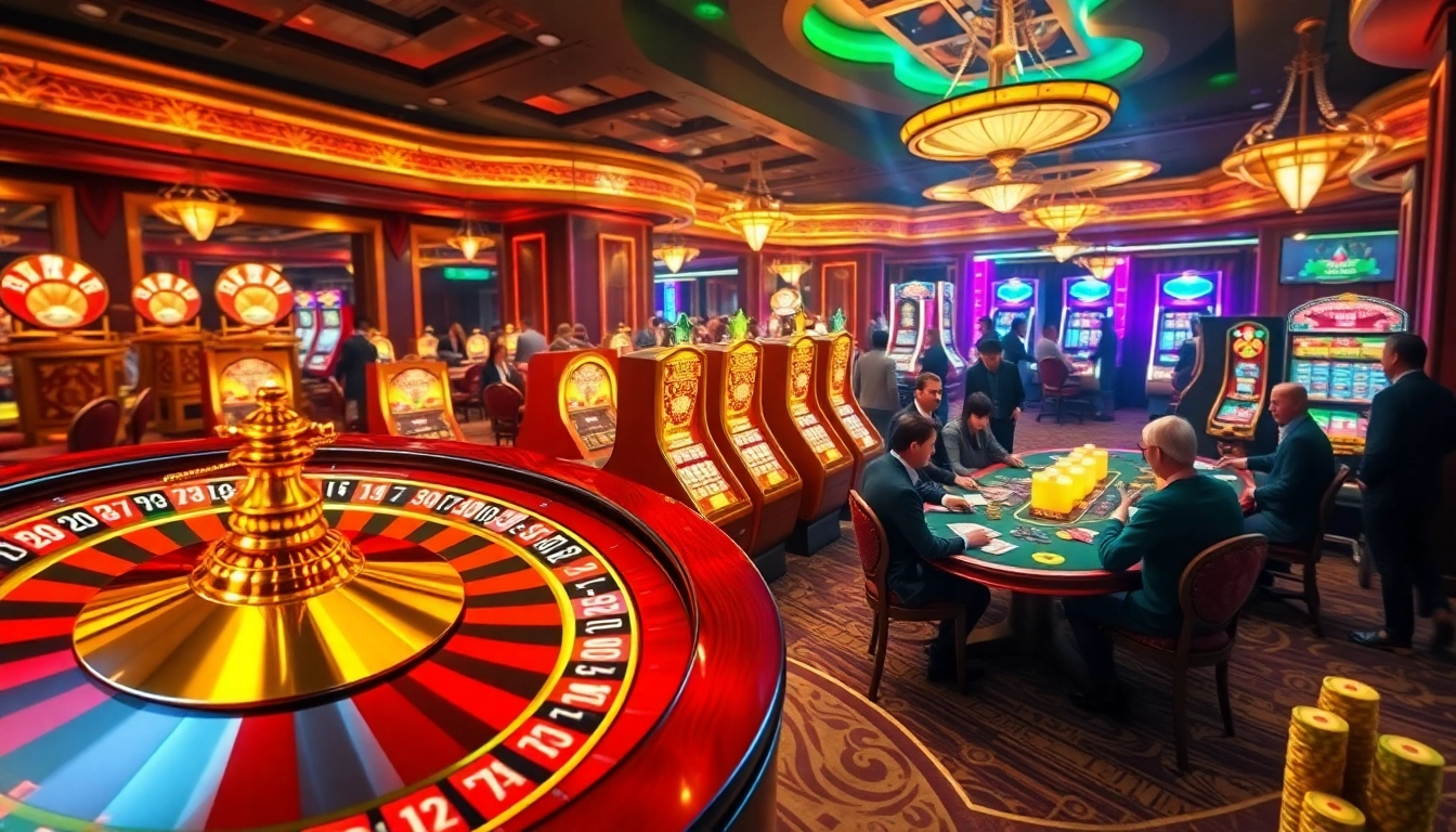 Exciting casino scene illustrating u8888 with roulette, poker, and slot machines.
