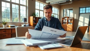 Reviewing DAS 140 forms in a professional office setting with natural light.