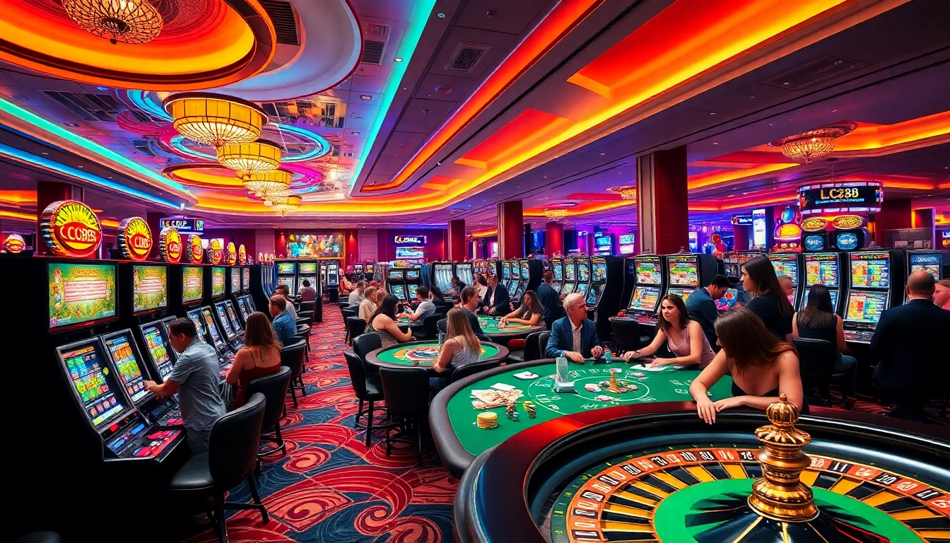 Gambling excitement at lc88 casino with players enjoying various table games and slots.