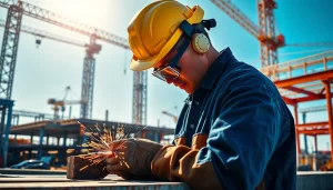 Welders performing structural steel welding showcasing professional techniques and a busy construction environment.
