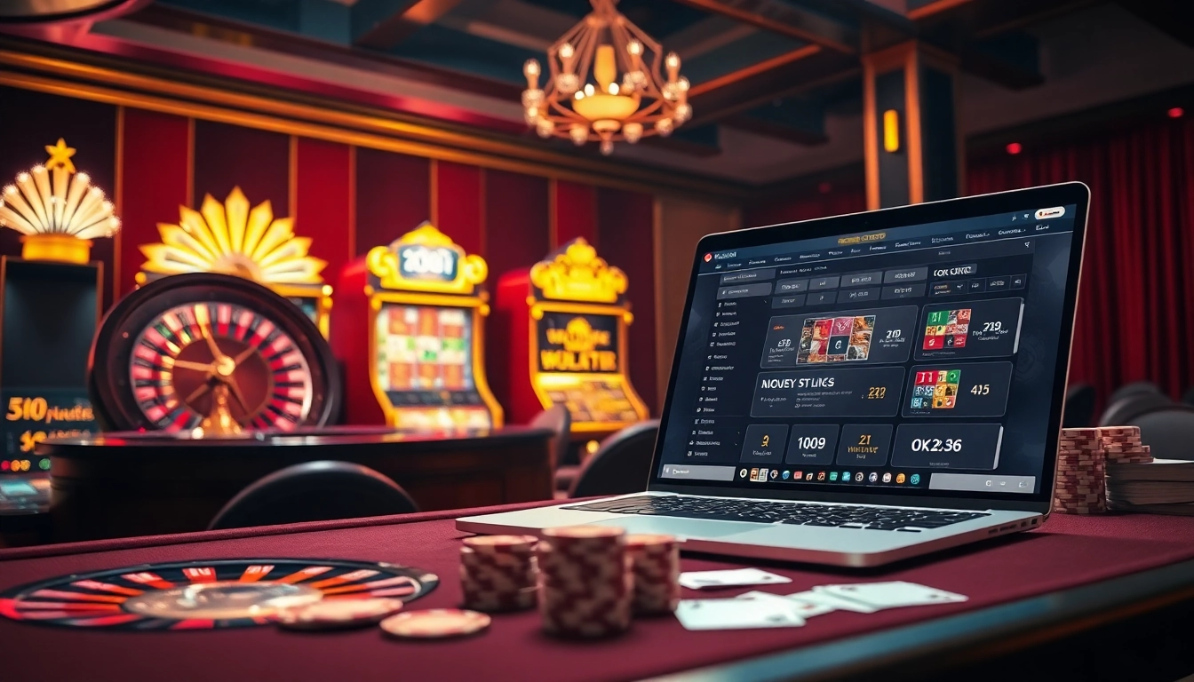 Experience the excitement at OK365LV.COM with a vibrant casino scene featuring roulette, poker, and slots.