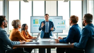 Crisis management consultant leading a team discussion in a bright corporate setting.