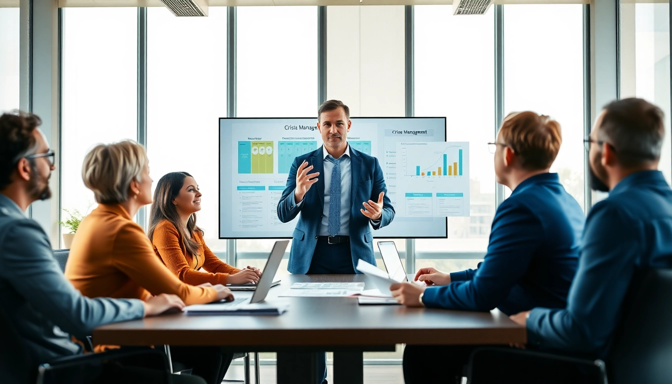 Crisis management consultant leading a team discussion in a bright corporate setting.