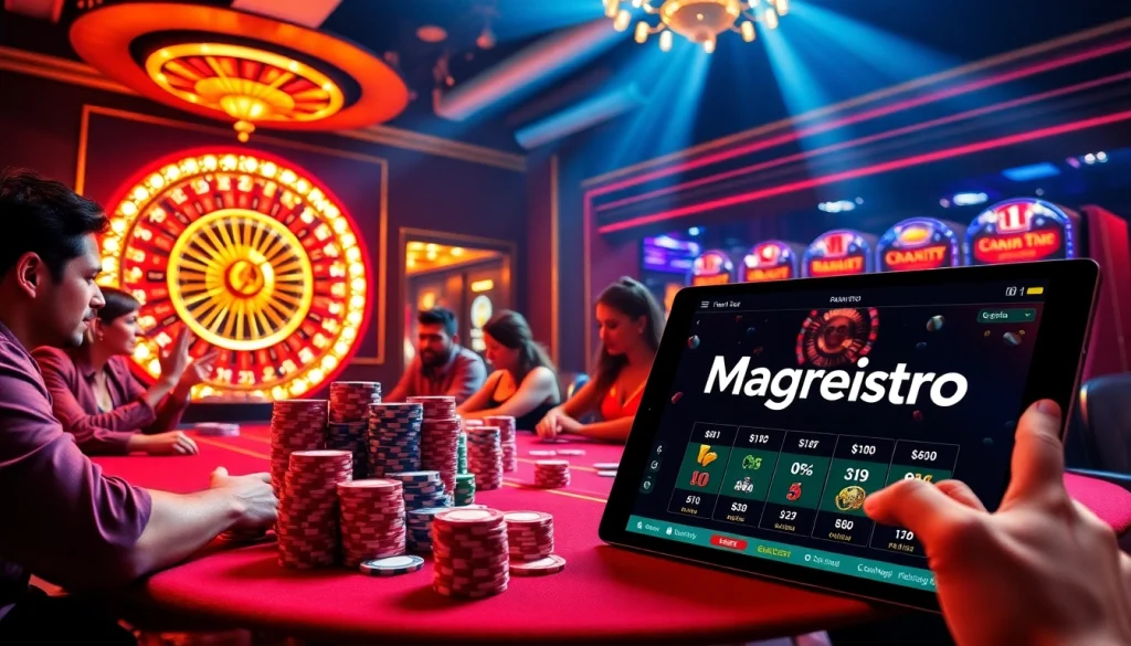 Experience the thrill of gambling as players magrehistro at a vibrant poker table in a luxurious casino.