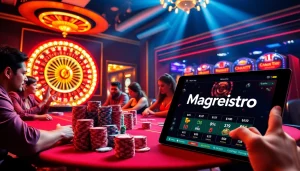 Experience the thrill of gambling as players magrehistro at a vibrant poker table in a luxurious casino.