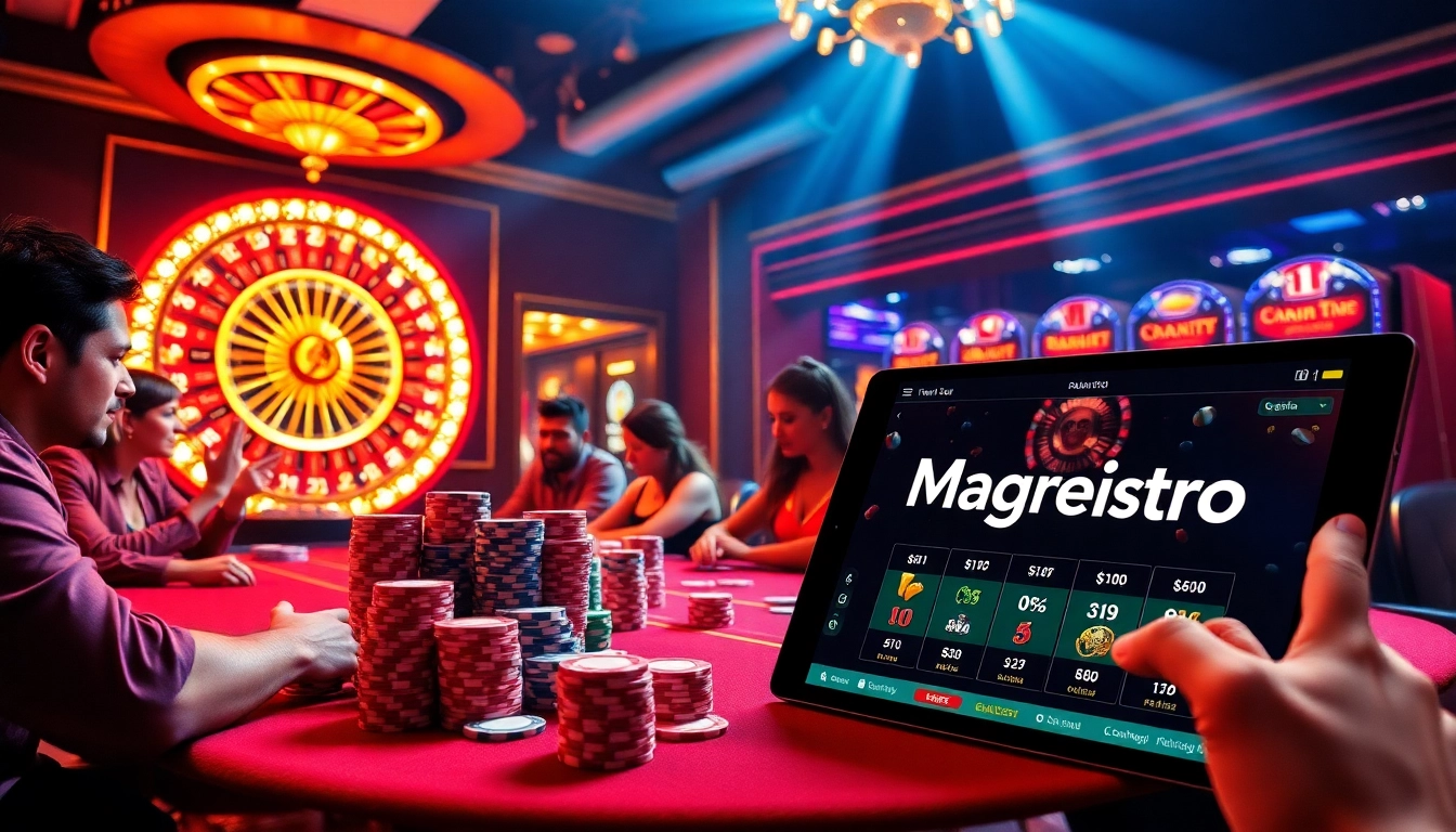 Experience the thrill of gambling as players magrehistro at a vibrant poker table in a luxurious casino.