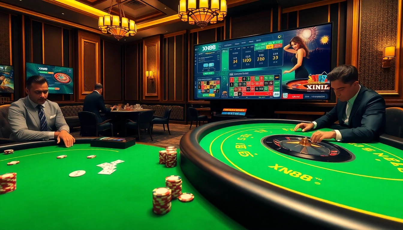 Experience thrilling gaming action at XN88 with casino tables and vibrant poker chips.
