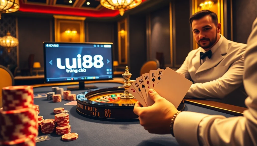 The luxurious atmosphere of uu88 trang chủ showcases the excitement of high-stakes casino gaming with vibrant poker chips and a spinning roulette wheel.