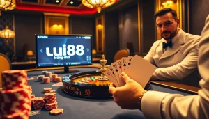 The luxurious atmosphere of uu88 trang chủ showcases the excitement of high-stakes casino gaming with vibrant poker chips and a spinning roulette wheel.
