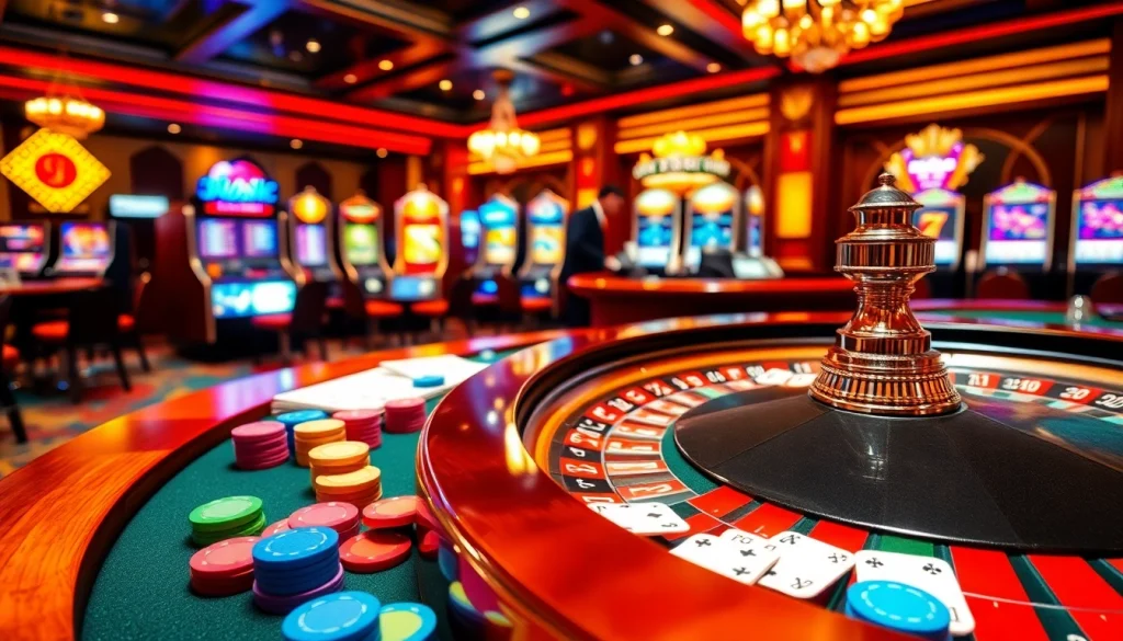 Experience the thrill of gambling with hàng đầu giải mã nhà cái at a stunning casino table, roulette and cards in focus.