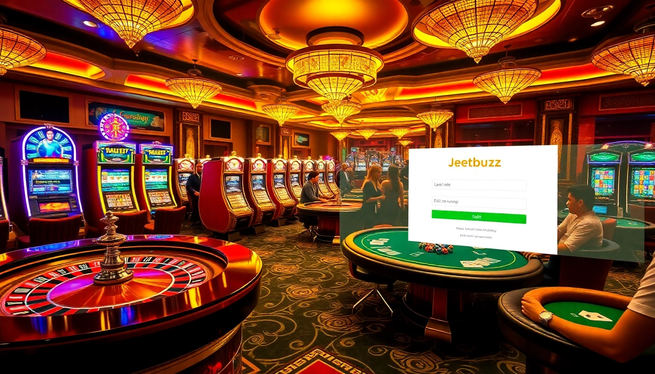 Engage with Jeetbuzz লগইন through a vibrant casino scene featuring roulette, cards, and excitement.
