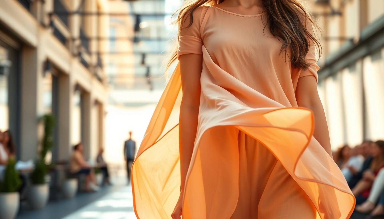 Showcasing a Rivelle clothing piece in an elegant urban setting with flowing design and quality craftsmanship.