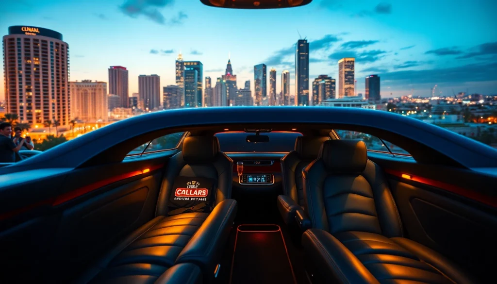 World Cup Group Transportation: luxury limousine in LA at dusk with plush interiors and excited fans.