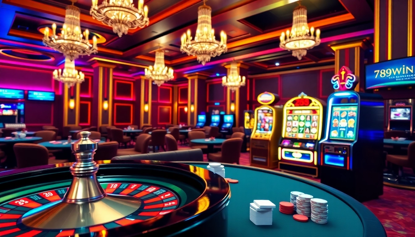 Experience thrilling gameplay at 789win13 with a vibrant casino scene showcasing roulette and poker.
