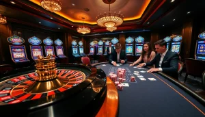 Experience high stakes gaming action at https://gg88.wales/ with an elegant casino environment featuring poker tables and roulette wheels.