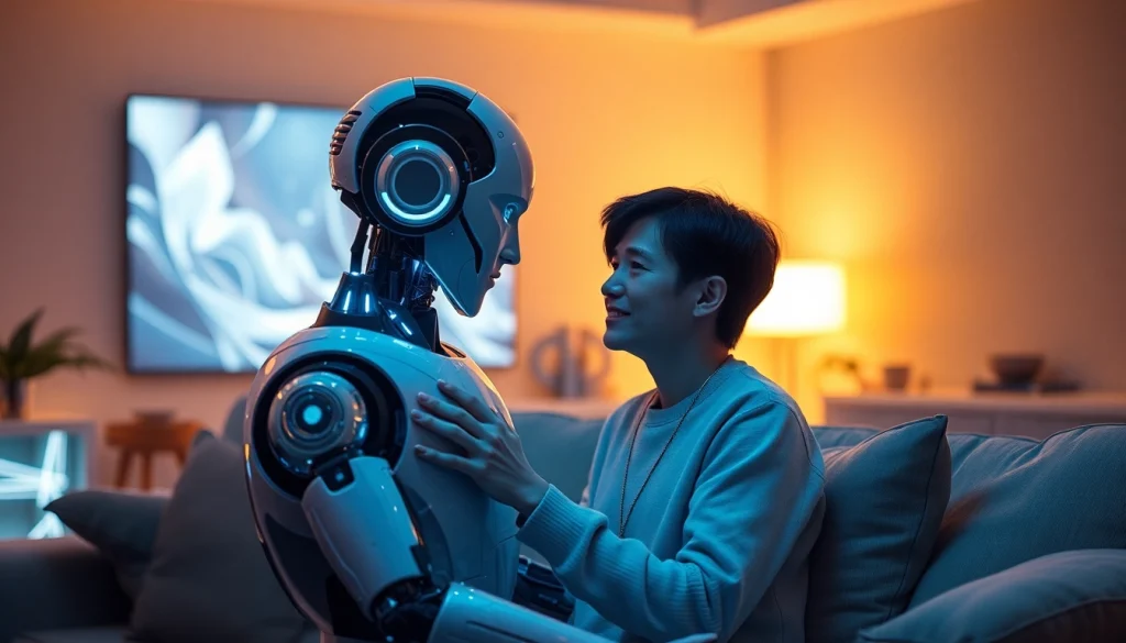 AI sex companionship scene with humanoid robot and human in warm, intimate setting.