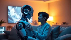 AI sex companionship scene with humanoid robot and human in warm, intimate setting.