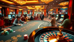 Engaging players at a KKWIN casino table celebrating a winning moment in a luxurious atmosphere.