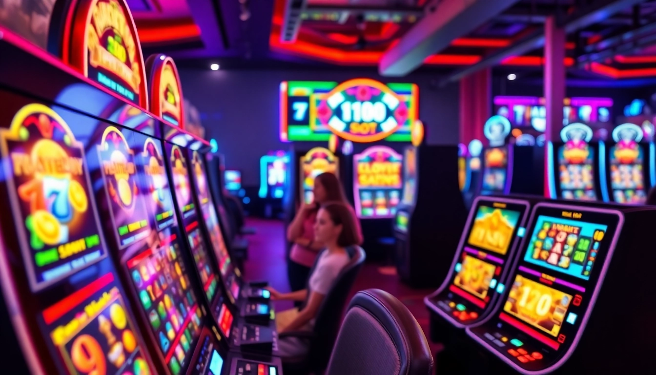 Menampilkan slot deposit 1k dengan mesin slot yang berputar penuh warna dan pemain yang bersemangat.