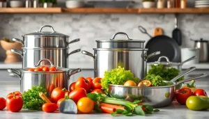 Showcase of premium cookware with fresh vegetables in a bright kitchen setting.