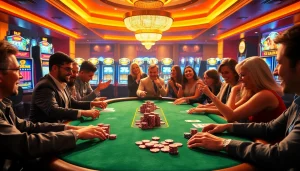 Experience thrilling gameplay at sunwin's vibrant poker table, highlighting chips and cards in a luxurious casino.
