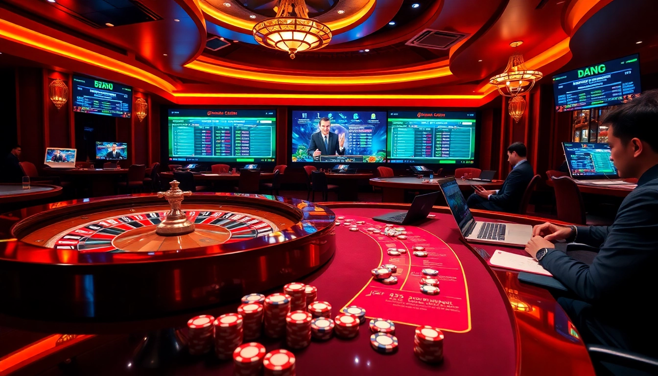 Online gambling scene showcasing nhà cái daga with vibrant poker chips and roulette wheel.